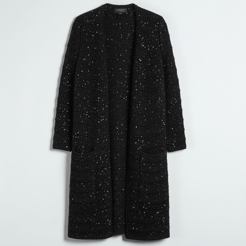 Giambattista Valli Black Bouclé Sequin Long Cardigan Coat Size 2